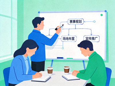 体育策划服务图标 - 策划团队在白板上规划大型体育赛事活动